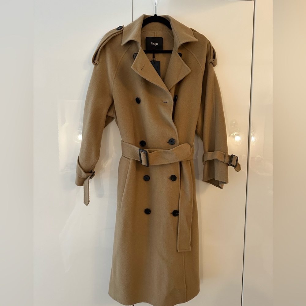 Maje camel wool trench wrap coat size 34 small